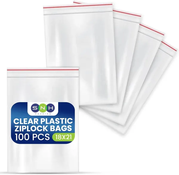 SNH Packing Plastic Ziplock Bags - 100 Pcs Resealable Clear Baggies, 18x21 cm