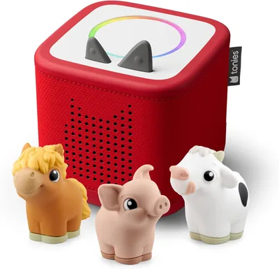 Tonies Toniebox 2 My First Bundle for Kids 1+ Soft Squeeze Cow, Horse, Pig - Sunset Red