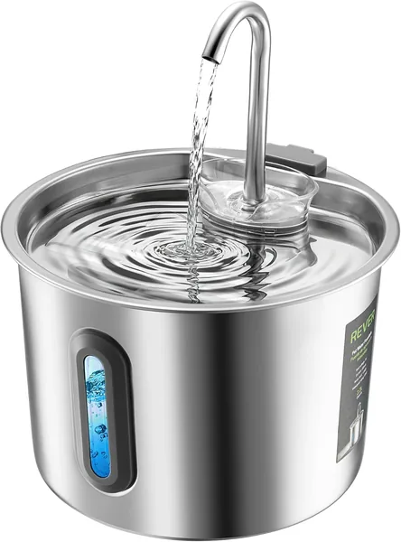 Fontaine à eau pour chat E101 en acier inoxydable de 2,2 L - REVER avec fenêtre visible et pompe ultra silencieuse, filtration multiple
