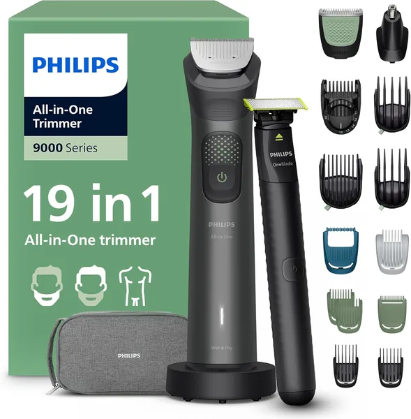Philips Multigroom 9000 Serie All-In-One 19-delige Trimmer, Schaver & Clipper + OneBlade Trimmer voor Mannen - Complete Grooming S