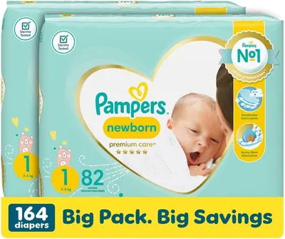Pampers Premium Care 82 Baby Nappies, Size 1 (Pack of 2)