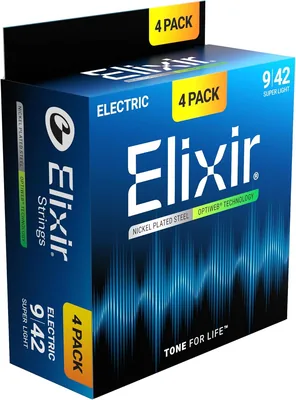 Elixir Cuerdas para guitarra eléctrica Elixir Strings con tecnología OPTIWEB, superligeras (.009-.042), paquete de 4 unidades