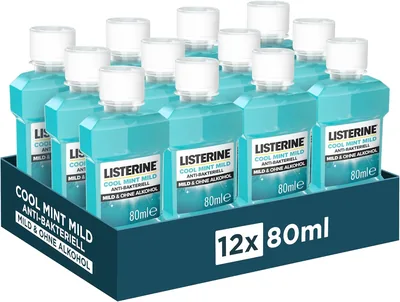 Listerine Cool Mint Mild (12 x 80 ml), płyn do płukania jamy ustnej bez alkoholu, łagodny smak