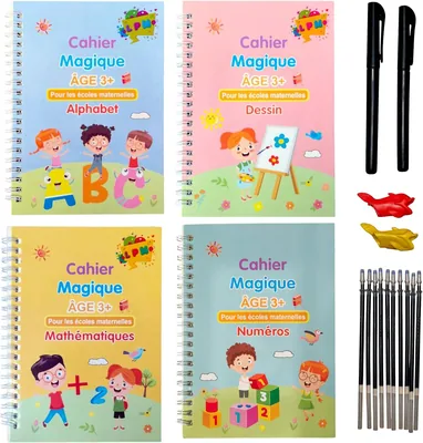 CELIMS - Ensemble de 4 livres magiques pour écrire | Réutilisables avec rainures | Alphabet, dessin, chiffres + 2 stylos | À partir de 3 ans