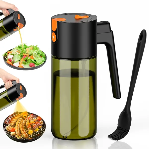 Euqvunn Oil Sprayer 500ml, 2-in-1 Spray & Pourer, Glass Light Block, Refillable Oil Spray for Kitchen, Air Fryer, Salad and Grilling, with Brush (Black)