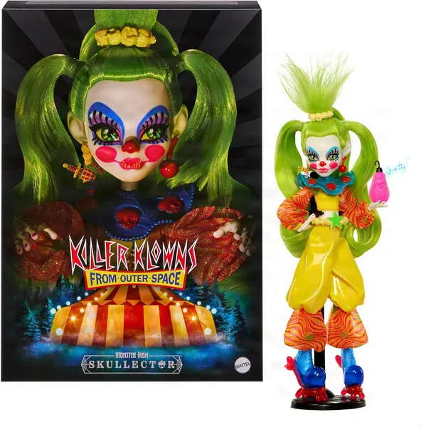 Monster High Skullector Shorty Doll, Killer Klowns from Outer Space Collectible with Green Hair, Yellow Clown Clothes, Balloon Shoes and Doll Stand