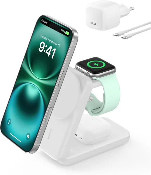 Belkin Drabladlader 25W, MagSafe Kompatibel 3-i-1 Qi2 Laddestation, Wireless Charging iPhone 16, Apple Watch, AirPod - 31% Off