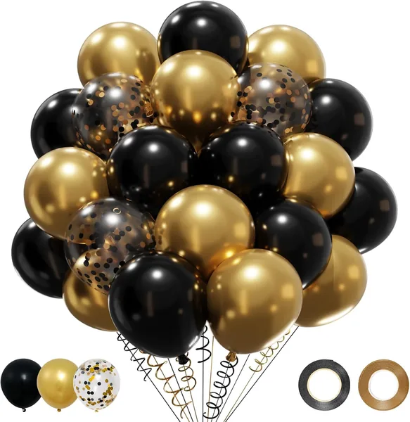 Black Gold Confetti Balloons Set, 50 pcs 12 inch Metallic Gold Black Confetti Latex Balloons Kit for Birthday Wedding Graduation New Years Anniversary Party Decorations