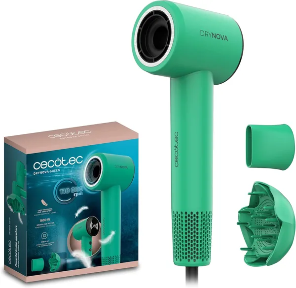 Cecotec DryNova Green Leaf Secador de Pelo, 1600W, 110000 RPM, Motor Sin Carga, Difusor y Concentrador