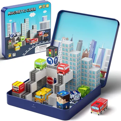 Magnetische Bouwstenen Stad Verkeersset 49 Delen, Kinderen STEM Speelgoed Reizen Leren Magnetische Blokken, Peuter Speelgoed voor Auto en
