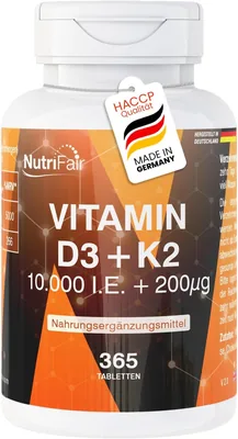Vitamin D3 + K2 - 100% Vegana Tablett 365 stk, 10.000 IE + 200μg, Tysk Manufacturing och Lab Testad - NutriFair