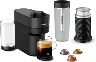 Nespresso Cafetera Vertuo Pop Negra con Espumador y Termo | 12 Cápsulas y Espumador de Leche