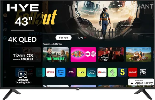 HYE TV - Smart TV, 43" Screen Size, 4K Resolution, QLED Technology, Apple AirPlay, Samsung Tizen OS 