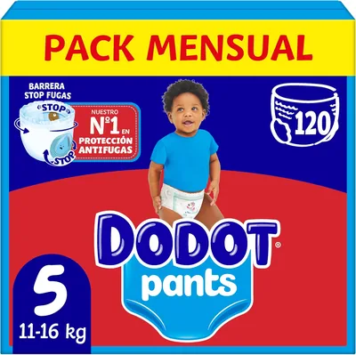 Pantalones para bebés Dodot, Talla 5, 11-17 kg, 120 pañales, Ajuste de 360° Anti-fugas, Paquete Mensual