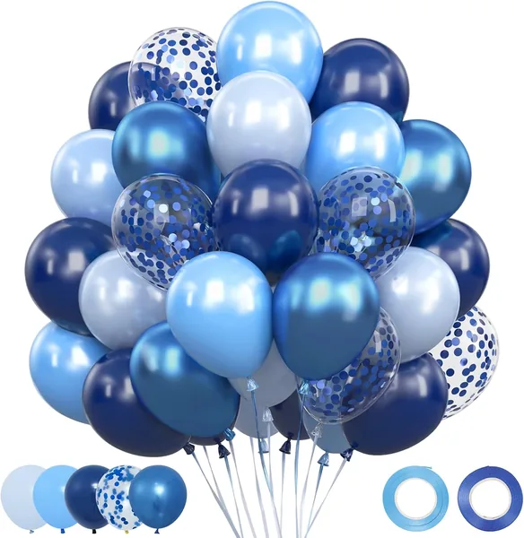 Blue Balloons, 62 Pieces Helium Balloons Birthday Pastel Blue with Blue Metallic, Blue Navye Confetti