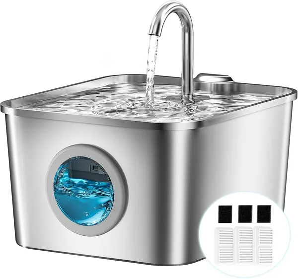 Fontaine d'eau pour chat en acier inoxydable : 2.6L Silencieuse automatique à LED avec système de filtration quadruple