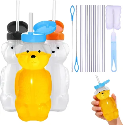 3 Piezas Vaso Entrenador para Bebé con Popote, Vaso Osito Antiderrames con Tapa Hermética, 6 Popotes Flexibles y Cepillo Limpia - Mejor Oferta