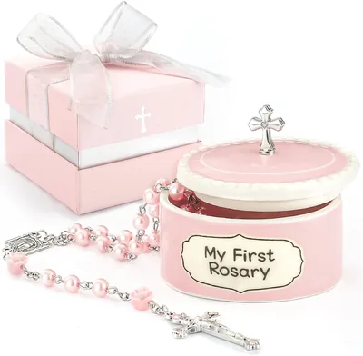 Baptism Gifts for Girl - Pink Rosary & Ceramic Box, Catholic Christening Set