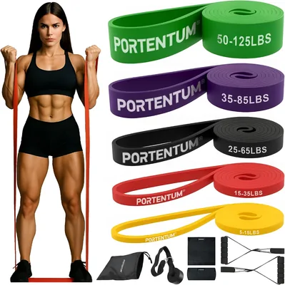 Portentum Gomas Elásticas para Musculación - Set de Bandas de Resistencia con 4 o 5 Niveles de Intensidad, Asas, Anclaje para Puerta y Fundas