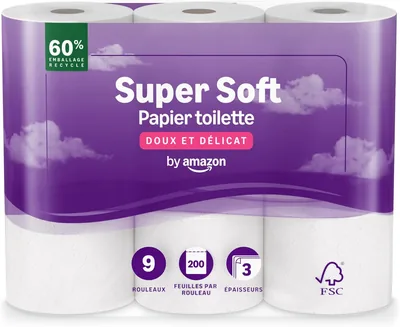 Papier toilette Amazon, 3 plis, doux et soyeux, 9 rouleaux (1 pack de 9), 200 feuilles par rouleau - Meilleur prix