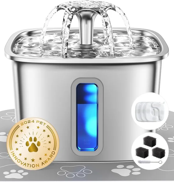 Veken Innovation Award Winner Stainless Steel Cat Water Fountain, 108oz/3.2L Automatic Pet Fountain Dog Water Dispenser with 3 Replacement Filters & Silicone Mat, Gifts for Cats