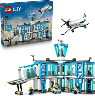 LEGO Stad Luchthaven met Vliegtuig Speelgoed - Miniatuur Model Set met Terminal, Vliegtuig, Trekwagen, Brug, 9 Minifiguren & Accessoires - 34% Korting