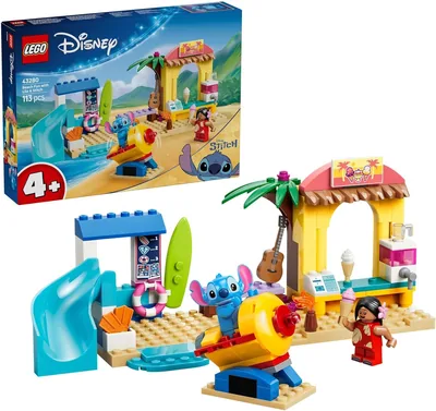 LEGO Disney Divertimento sulla Spiaggia con Lilo e Stitch - Giochi Educativi con 2 Negozi, Carosello di Barche Spaziali e 2 Minifigure - Montes