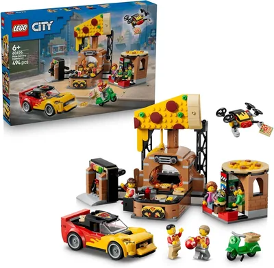 LEGO City La Pizzeria et ses Véhicules de Livraison - Jeu de Construction - Voiture, Scooter, Drone, Poteau d'Arcade & 4 Minifigures - B