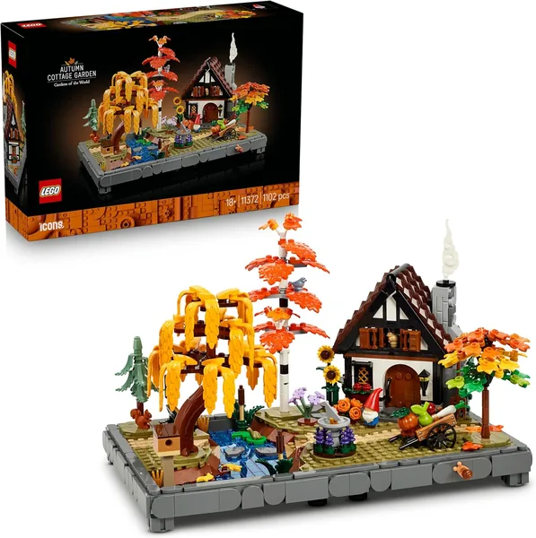 LEGO Icons: Herfsttuin met Cottage - Miniatuur Bouwpakket voor Volwassenen en Herfdecoratie met Huis, 4 Bomen, Dieren