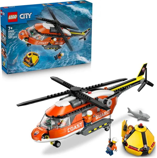 LEGO City Kustwacht Helikopter Speelset - Noodvoertuig met Schuifdeuren, Winch, 4 Minifiguren & Haai Figure - Blauw/Grijs