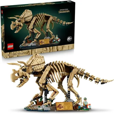LEGO جوراسيك وورلد أحافير الديناصورات: تريسيراتوبس - نموذج عرض للبالغين مع الدكتور جيري هاردينغ شخصية صغيرة - DIY رف ديكور
