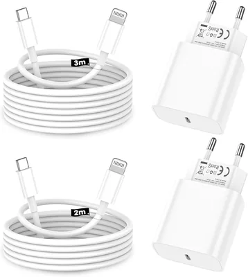 Chargeur iPhone 20W rapide, 2 packs avec câble USB-C Lightning de 2m et 3m [Certifié Apple MFi] - Économisez 5%