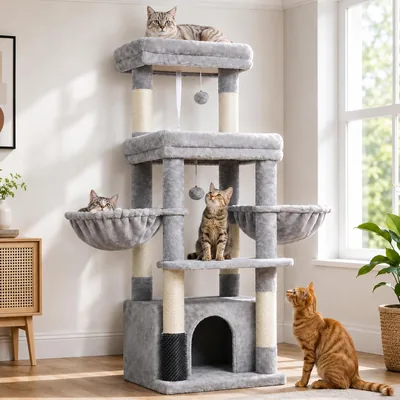 Arbre à chat MPJ070W Hey-brother pour chats grands et Maine Coons, avec 2 grandes plateformes et 2 hamacs
