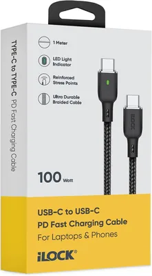 كابل شحن سريع USB-C إلى USB-C 100W PD مع مؤشر LED ووصلة من الفولاذ المقاوم للصدأ