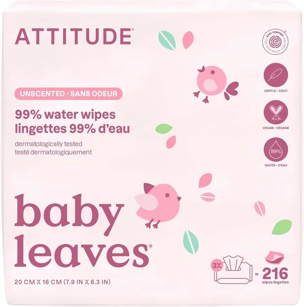 ATTITUDE Baby Water Wipes EWG Verified Safe for Newborns Unscented Fragrance-Free 99% Water Travel Pack
