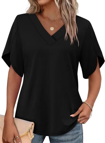 WIHOLL Womens Summer Tops Short Petal Sleeve Shirts Fashion V Neck
