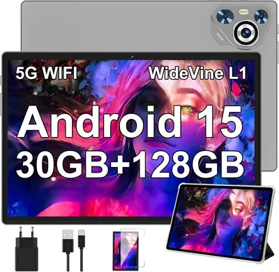 Tablette Dghrti Android 15 30Go RAM + 128Go ROM + 2To Extension, Écran tactile 10 Pouces, 8000mAh, WiFi 5G, Bluetooth 5.0, GPS, Appareil photo 5+8 MP