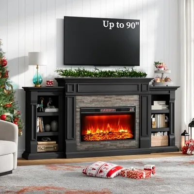 80" Fireplace TV Stand - Black Mantel with Electric Fireplace