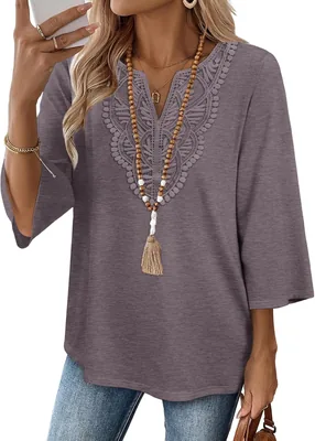 WIHOLL Boho Lace V Neck Shirt Women's Tops S-3XL Best Deal