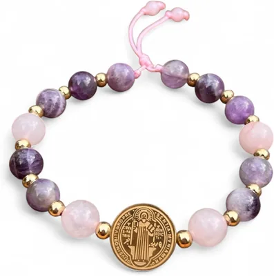 Pulsera mujer San Benito con piedras semipreciosas, dije en acero inoxidable con baño de oro 18K