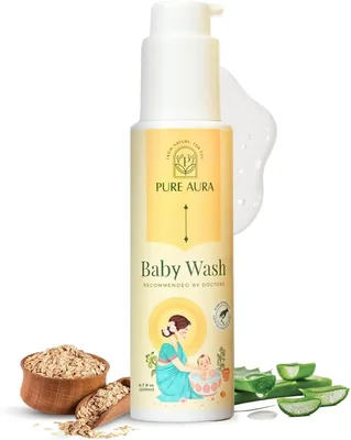 प्यूर ऑरा बेबी बॉडी वॉश 200ml - डॉक्टर अनुशंसित आयुर्वेदिक बेबी वॉश 12 प्राकृतिक जड़ी-बूटियों से | आँखों को नुकसान न पहुँचाना, नरम हाइड्रेशन