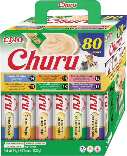 INABA Churu Gatos - 6 Recetas de Tentempiés Saludables con Atún y Pollo - Textura Suave y Cremosa - Natur