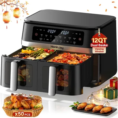 Double Basket Dual Zone Air Fryer with Viewing Window, Touchscreen Sync Cook to Bake, Roast, Reheat,