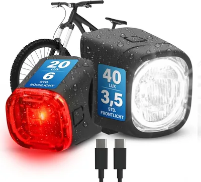FISCHER Quadrat-Fahrradlichtset, 90 Lumen, 40/20 Lux, Vorder- und Rücklicht, Fahrradlicht mit USB-Ladefunktion, Splashproof