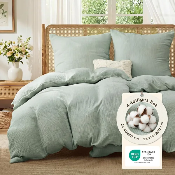 BEDSURE Muslin Bed Linen 135 x 200 cm 4-Piece - 100% Cotton