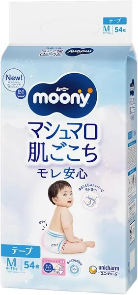 Tape M Size Moony Mashmallow Skin Comfort Leak-Proof Diapers (6-11 kg) 54 Diapers