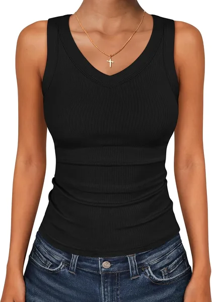 ANRABESS Tank Tops for Women V Neck Ribbed Knit Slim Fitted Sleeveless Basic Tee Tanks Casual Summer Clothes