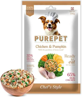 Purepet Fresh Dog Food चिकन और पंप्किन, वयस्क और प्यादा के लिए, 100 ग्राम | उच्च प्रोटीन, 65% असली चिकन, 35% फल और सब्जियाँ
