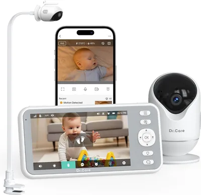 Dr.Care Babyphone Caméra WiFi 2K, Écran 5", Application, Alertes & Support de Clip | Alertes Mouvement et Son, Batterie Amovible 5000mAh, 3
