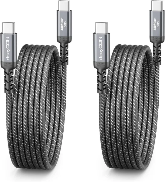 Kabel USB-C deleyCON 2x 2m - Szybkie ładowanie 60W PD 3.0 PPS, iPhone 17/16/15 Pro Max, Galaxy